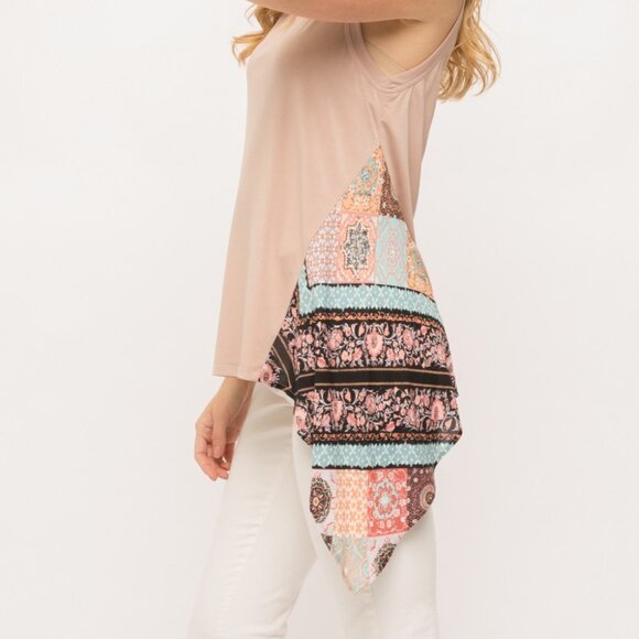 MYSTREE Blush Tank Top with Boho Print Side Panel, Asymmetrical Hem Sleeveless - Picture 5 of 7